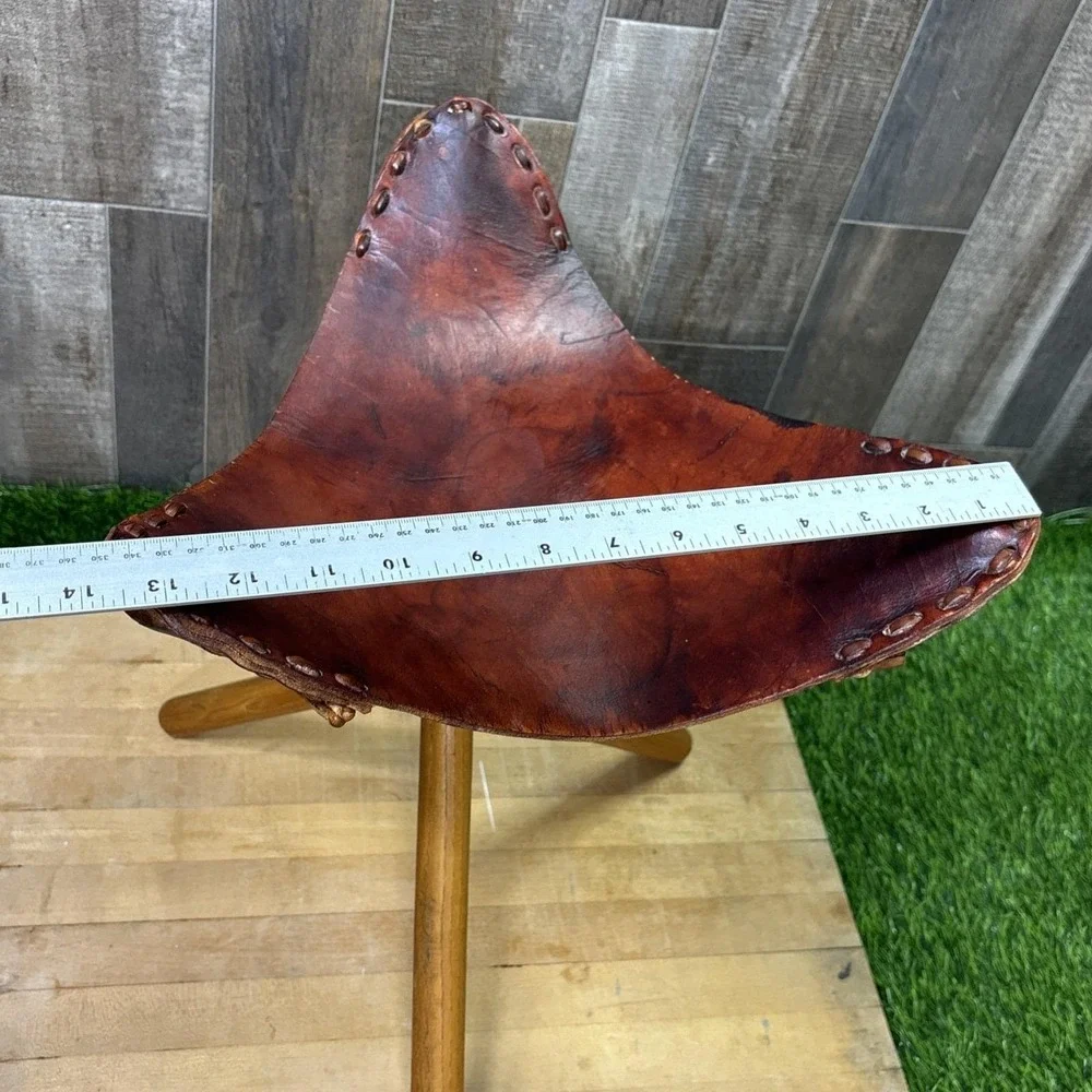Vintage 1950s Teak Leather Folding Tripod Footstool Ottoman Safari Decor